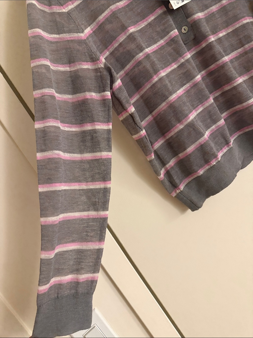 Zara Wool Lightweight Knit Gray & Pink Stripe Polo Sweater - Picture 6 of 9